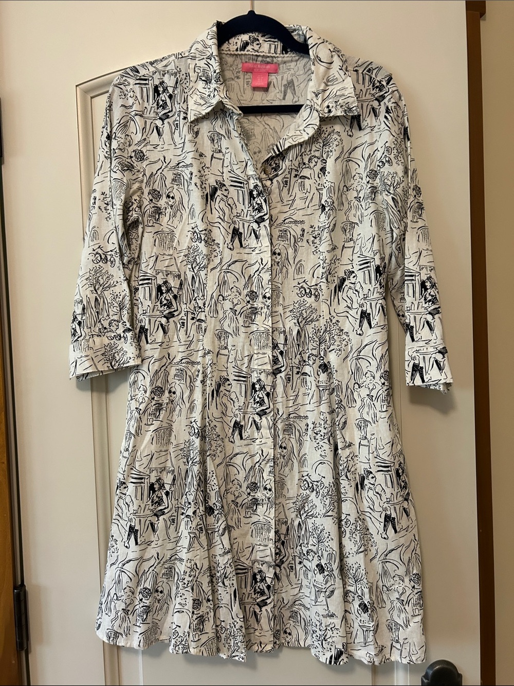 Isaac Mizrahi Black and White Fun Art Printed Midi Shirt Dress
